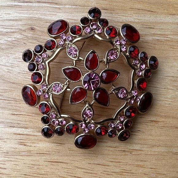 VTG Brooch Pin 2" Rhinestone Blooming Flower Pink Red Gold Plated‎ Geometric - Picture 5 of 9